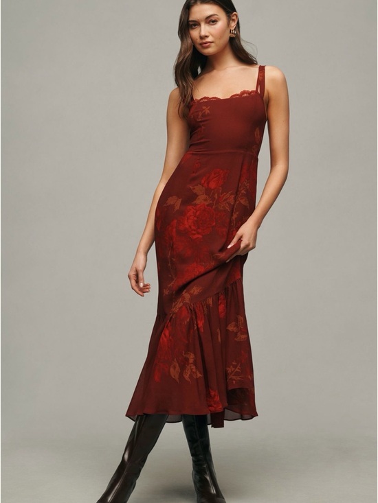 Reformation Dresses & Skirts - Reformation Burgundy Floral-Print Lace-Trim Midi Dress